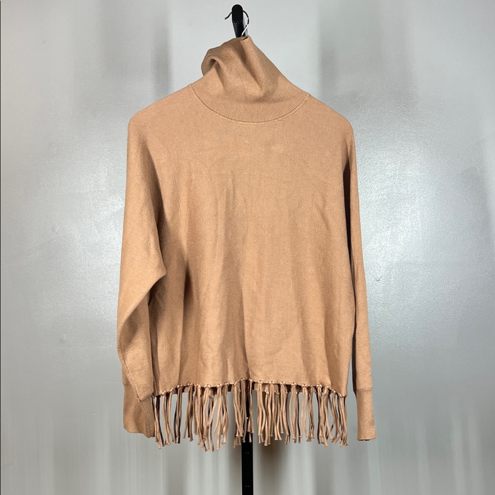 Carmen Marc Valvo Camel Fringe Turtleneck Sweater